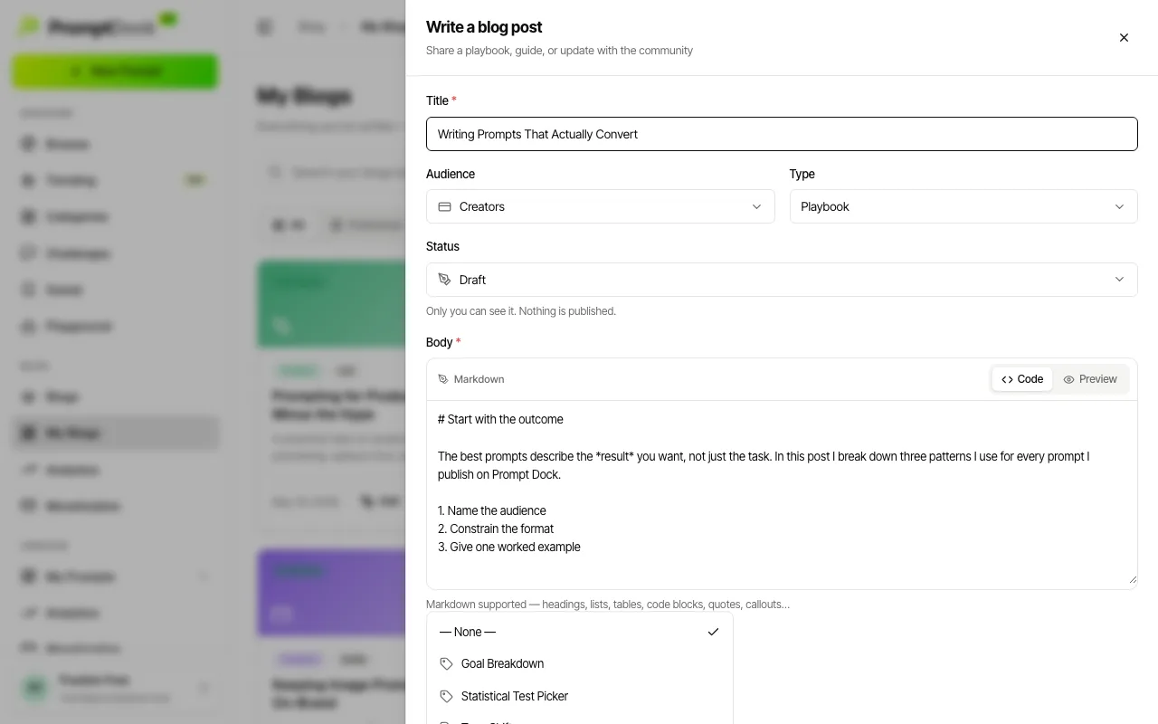 The blog composer with its prompt menu open, listing the author's own prompts