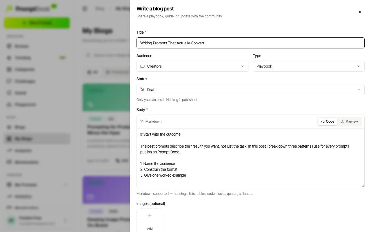 The blog composer with a title and markdown body filled in