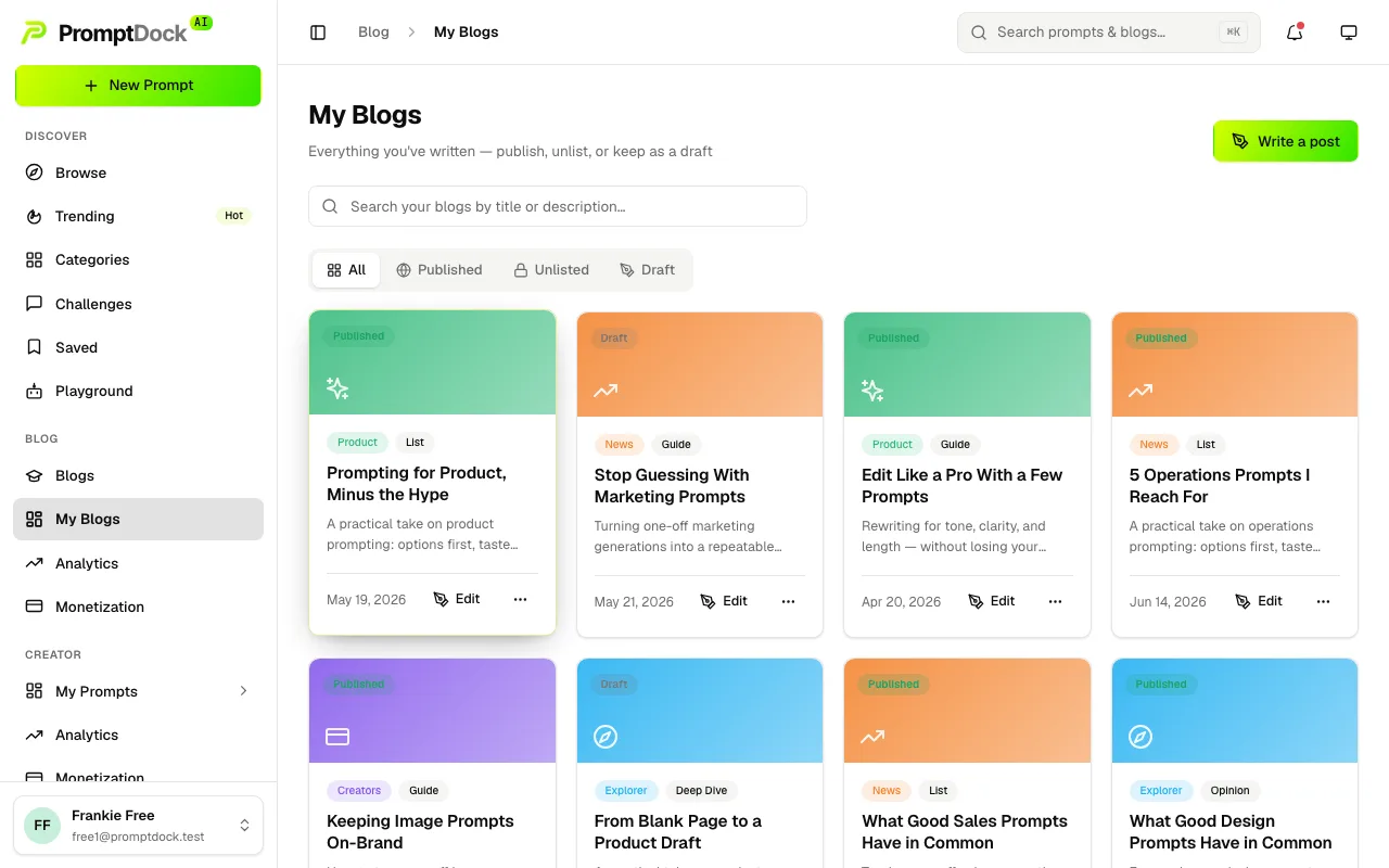 The My Blogs page listing your posts by status