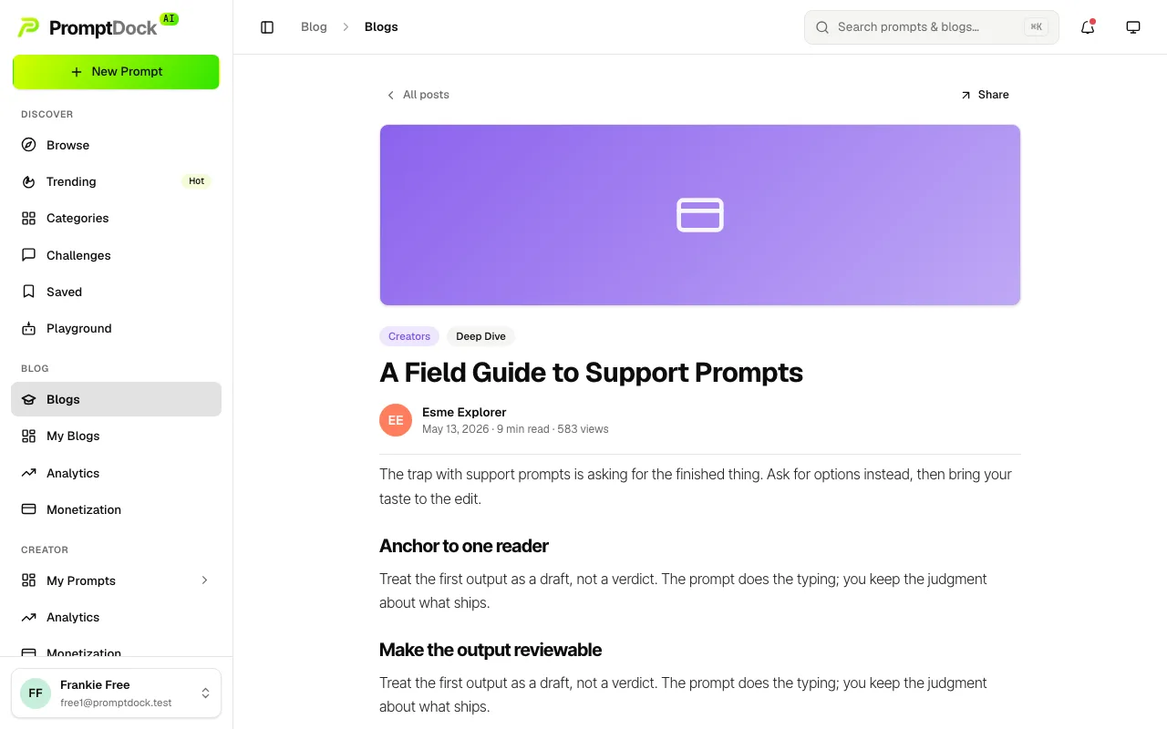 A blog post open in the dashboard reader