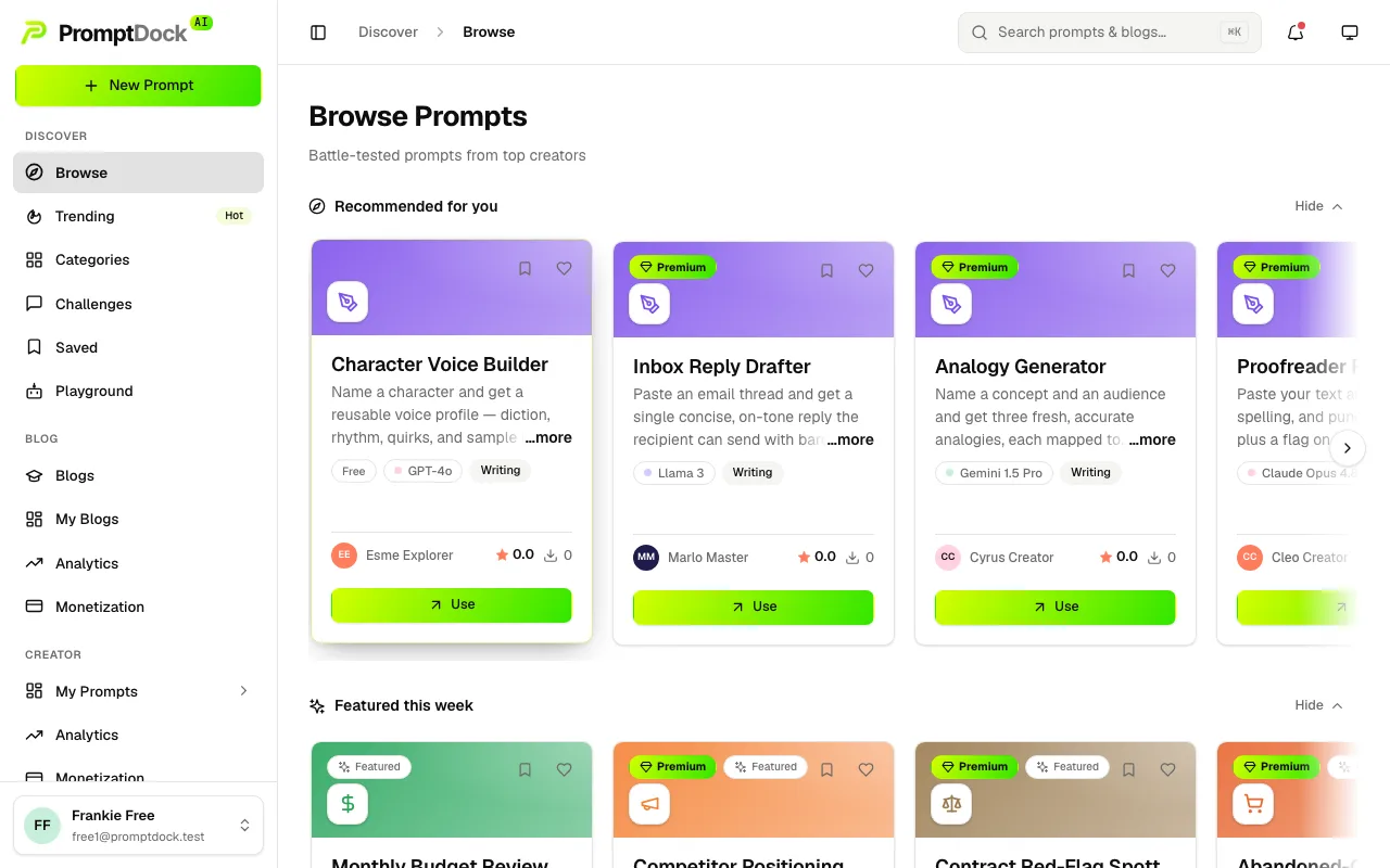 The Browse marketplace grid with category filters and prompt cards