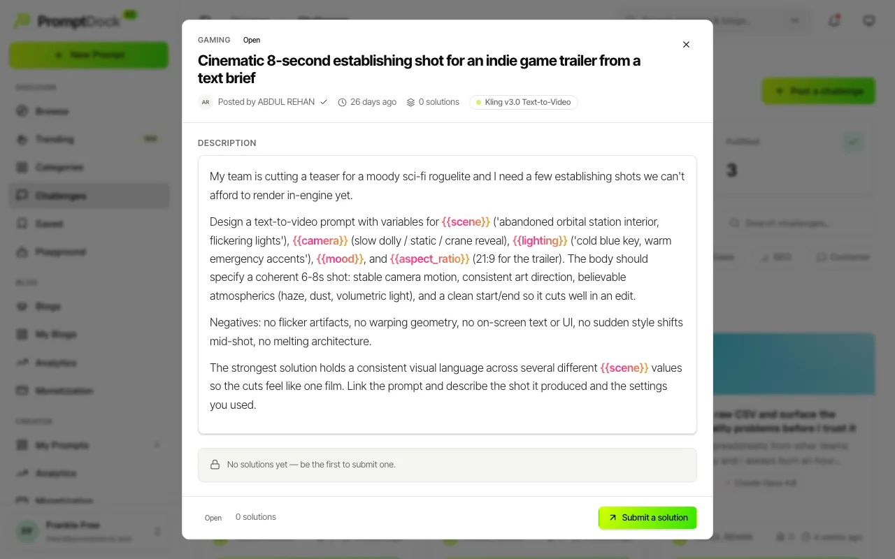 A challenge detail with its submitted prompt solutions