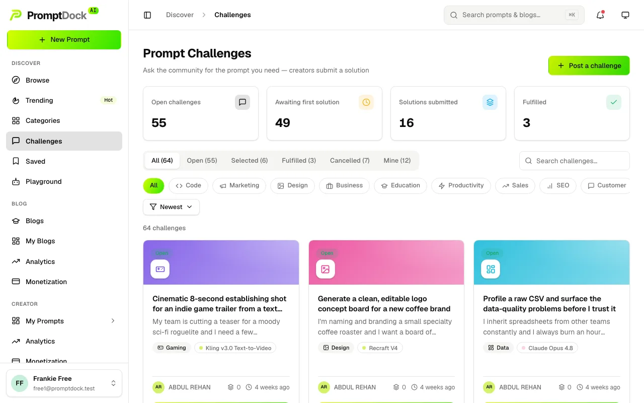 The Challenges board with open community requests
