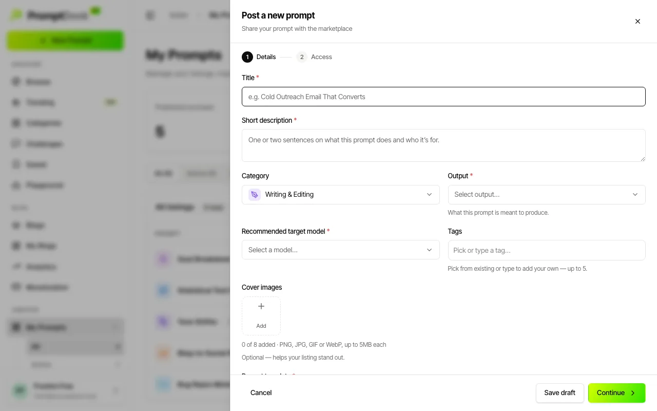 The New Prompt dialog with title, model, output and template fields