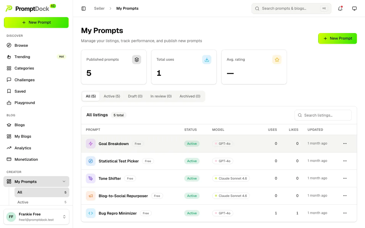 The My Prompts page with prompts grouped by status
