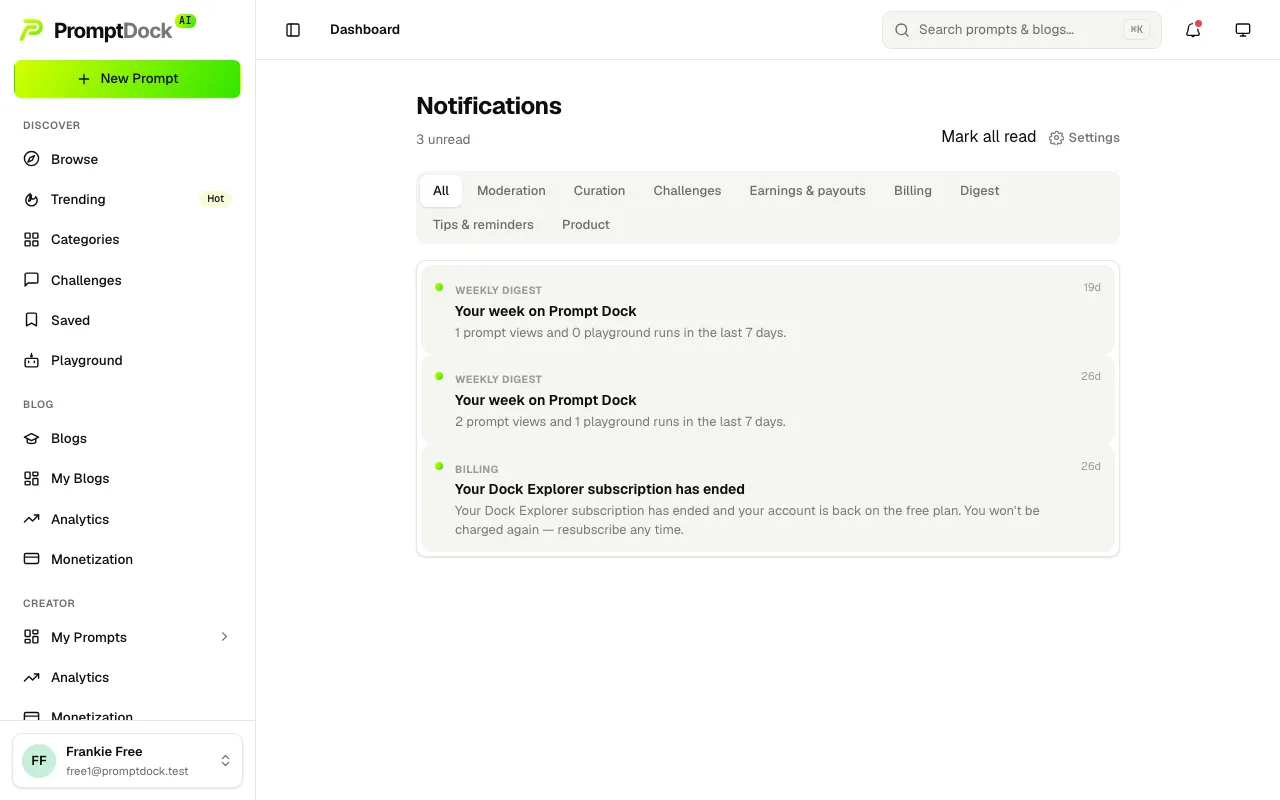 The notification center with category filters