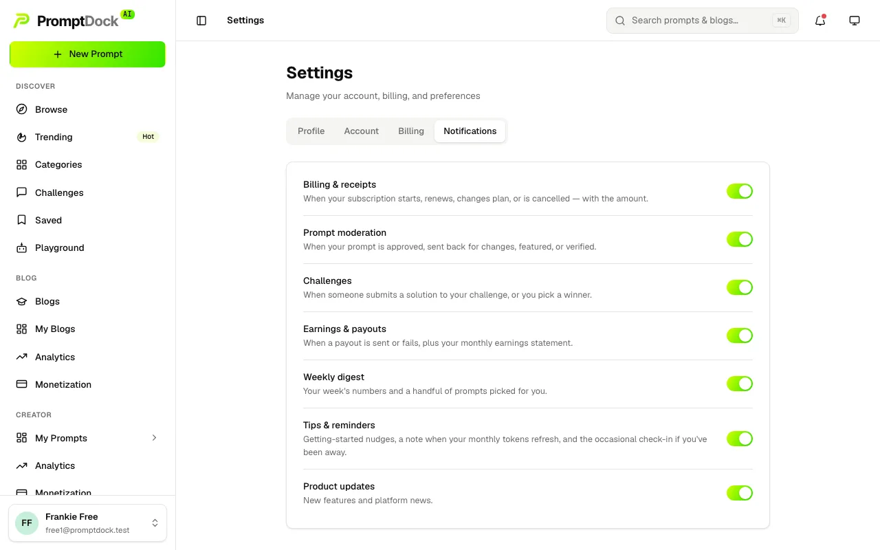 The per-category email notification toggles in Settings