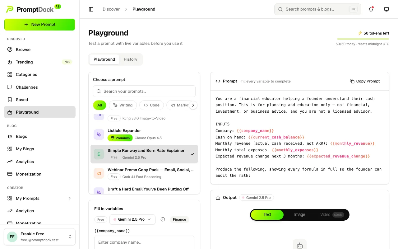 A prompt loaded in the Playground with its variables and the Run button