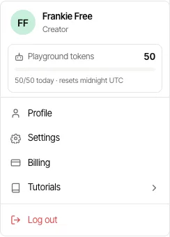 The sidebar profile menu showing the remaining Playground token balance