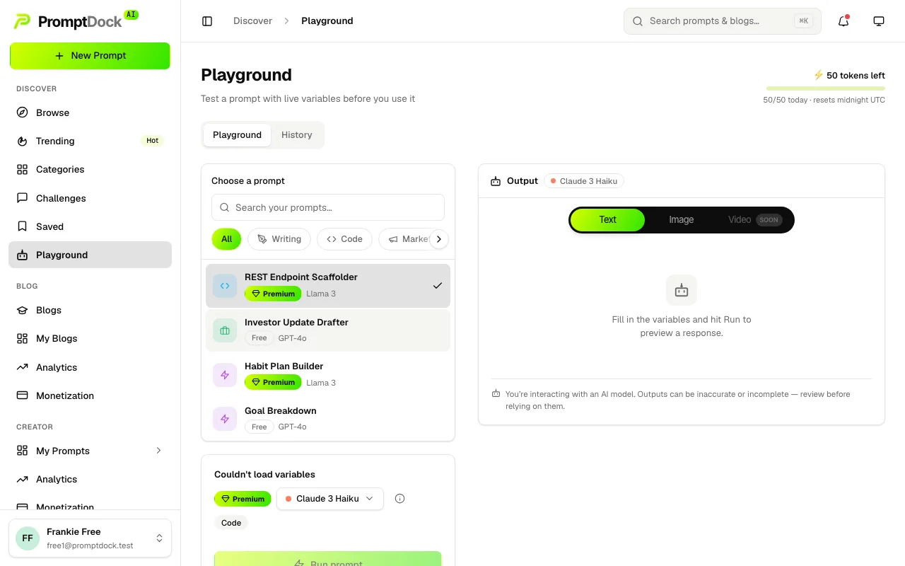 The Playground with the prompt picker and model selector