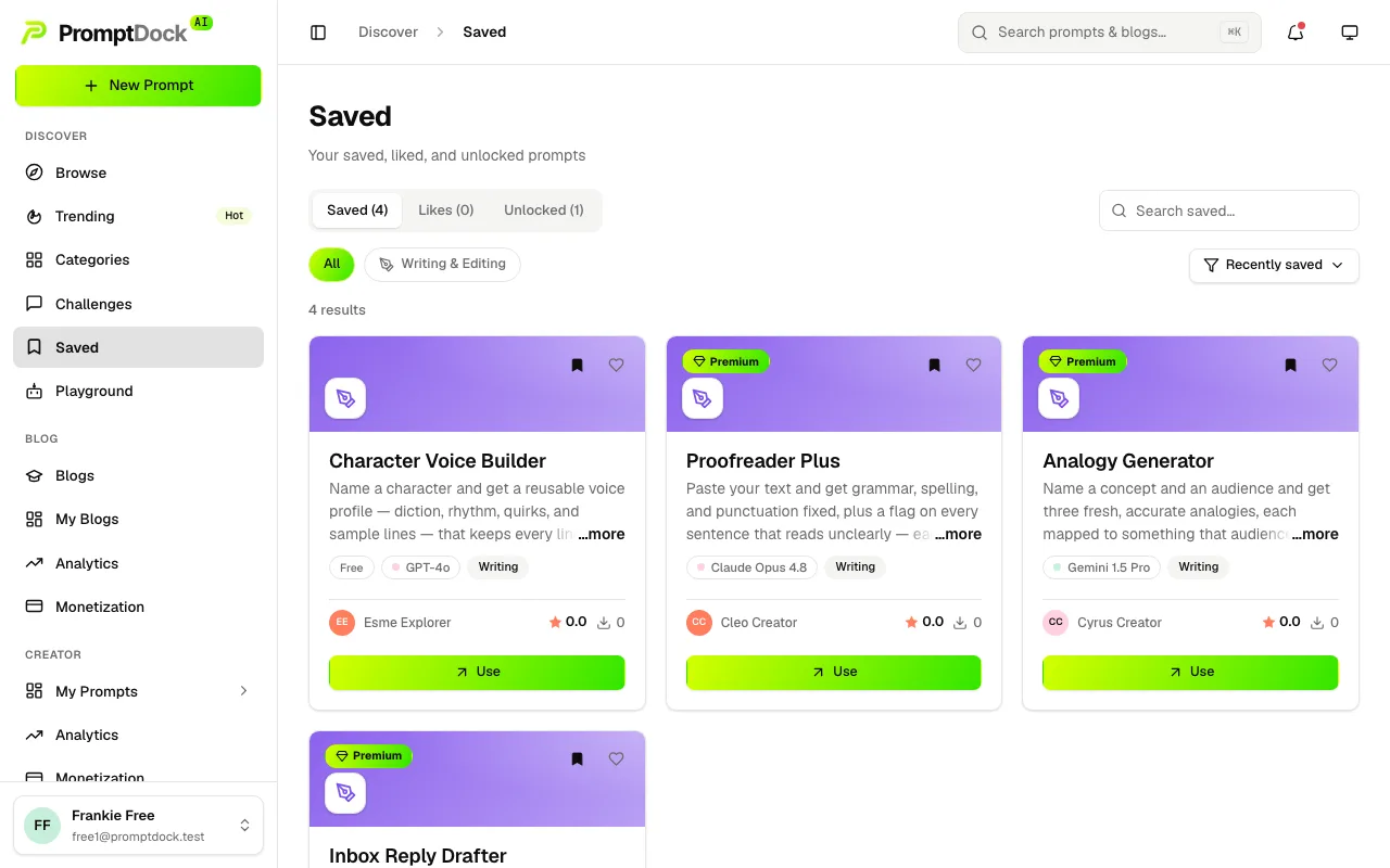 The Saved page with its tabs and saved prompt cards